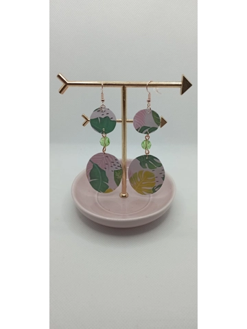Pendant paper earrings - green and pink leaves, rose gold