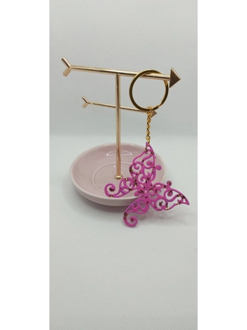 Pink butterfly keyring with gold effect