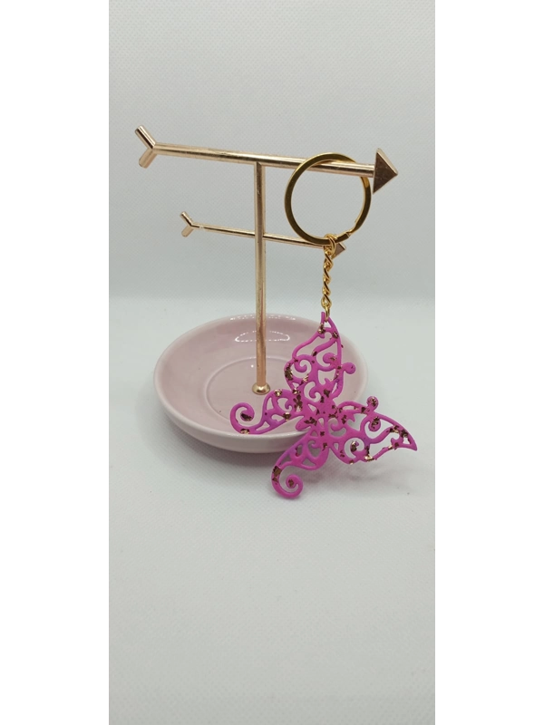 Pink butterfly keyring with gold effect