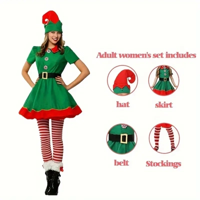 5pcs Womens Christmas Elf Costume Set - Festive Dress, Hat & Sock - Unisex Cosplay Props for Stage &