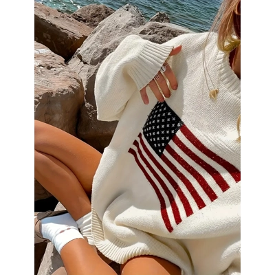 American Flag Pattern Pullover Sweater, Casual Crew Neck Long Sleeve Loose Sweater, Women's Clothing