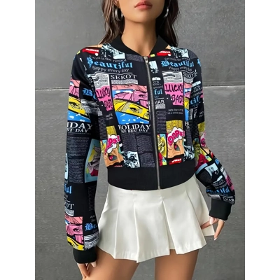 Anime Print Zip Up Jacket, Casual Long Sleeve Baseball Collar Jacket For Fall Women's Clothing