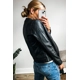 Black Faux Leather Pockets Round Neck Zipper Jac..