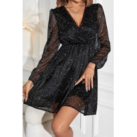 Black Glitter Mesh Overlay V Neck..