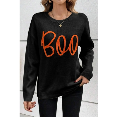 Black Halloween Boo Drop Shoulder Knit Sweater