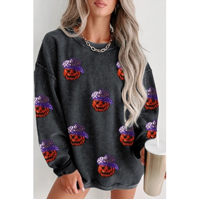 Black Sequined Halloween Pumpkin Ribbed Oversized Sweatshirt