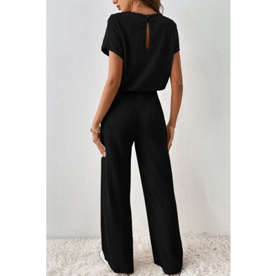 Black Solid Color Ribbed Short Sleeve Wide Leg Jumpsuit