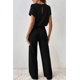 Black Solid Color Ribbed Short Sleeve Wide Leg J..