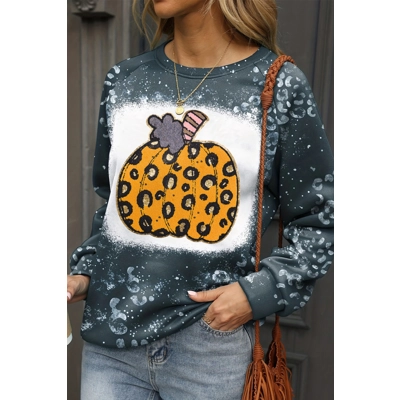 Blue Leopard Pumpkin Ink Plash Printed Halloween Sweatshirt