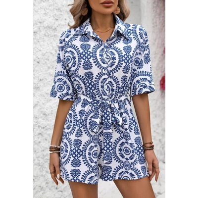 Blue Mandala Printed Short Sleeve Belted Shirt Romper