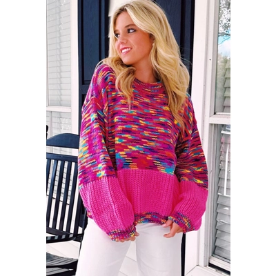Bright Pink Confetti Drop Shoulder Crewneck Sweater