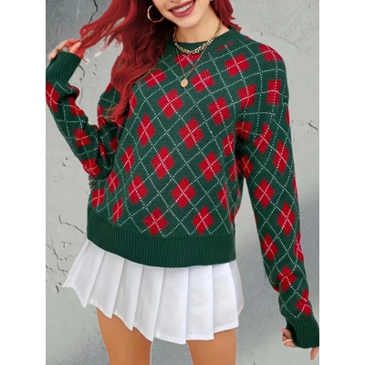 Christmas Pattern Crew Neck Pullover Sweater, Casual Long Sleeve Drop Shoulder Sweater, Women's Clot