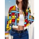 Color Block Eye Print Zip-up Jacket, Casual Long..