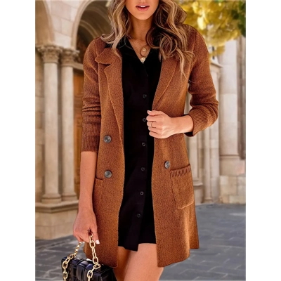 Cozy Chic Cardigan - Women's Open Front Lapel Collar Long Sweater with Button Down Closure, Solid Co