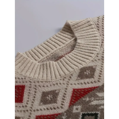 Cozy Ethic Pattern Crew Neck Sweater - Pullovers with Retro Style, Long Sleeve, Soft Fabric, Fall &