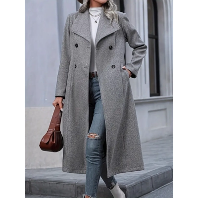 Double Breasted Pockets Longline Coat, Elegant Long Sleeve Simple Solid Color Overcoat For Fall & Wi