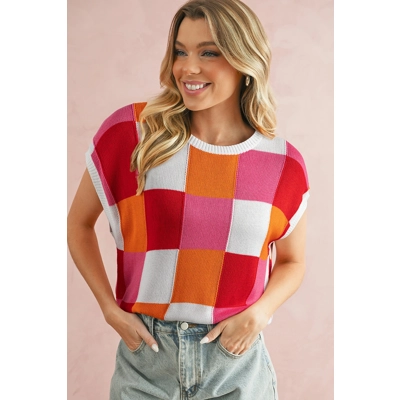 Fiery Red Checkered Color Block Cap Sleeve Knitted Top