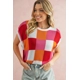 Fiery Red Checkered Color Block Cap Sleeve Knitt..