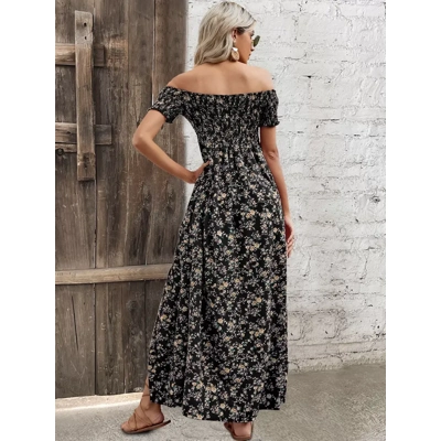 Floral Off Shoulder Cap Sleeve Slit Dress