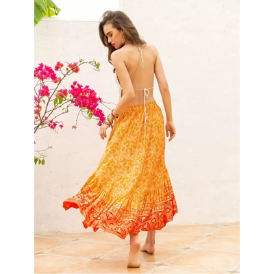 Floral Print Bohemian High Rise Elastic Waist Skirt
