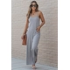 Gray Patch Pockets Spaghetti Strap Wide Leg Jump..