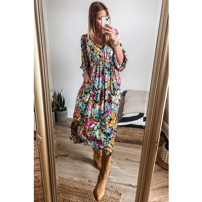 Green Boho Floral Puff Sleeve V Neck Tassel Drawstring Midi Dress