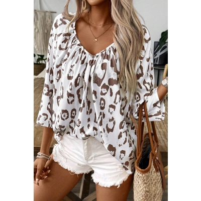 Khaki Leopard Print Ruched V Neck 34 Sleeve Blouse