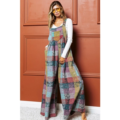 Multicolour Brushed Checkered Wide Leg Overalls