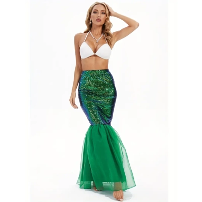 Mystical Mermaid Queen Costume - Shimmering Green Sequin Tail, Maxi Elastic Floor Length Organza Dre
