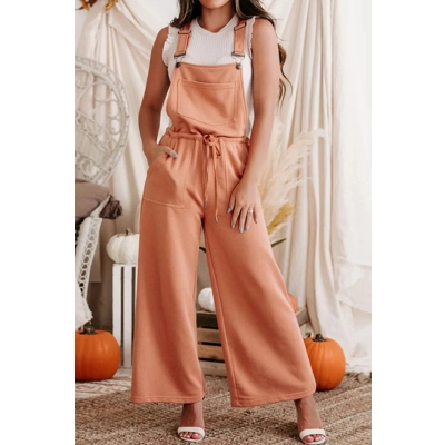 Orange Pocketed Drawstring Wide Leg Overalls