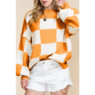 Orange & White Plaid Exposed Seam Bishop Sleeve Sweater