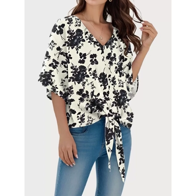 Printing V-neck Flare Half Sleeve Blouse