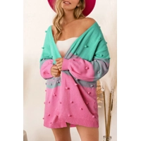 Rose Pompom Color Block Knit Open..