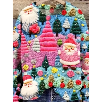 Santa Claus Pattern Crew Neck Sweater, Elegant Long Sleeve Sweater For Fall & Winter, Women's Clothi