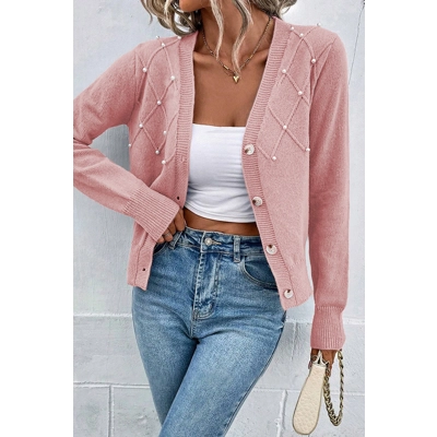 Sepia Rose Pearl Beaded Button Up Knit Cardigan