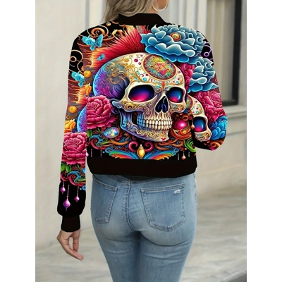 Skull Print Zip-up Crop Jacket, Casual Long Sleeve Jacket For Spring & Fall, Women's Clothing