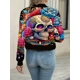 Skull Print Zip-up Crop Jacket, Casual Long Slee..