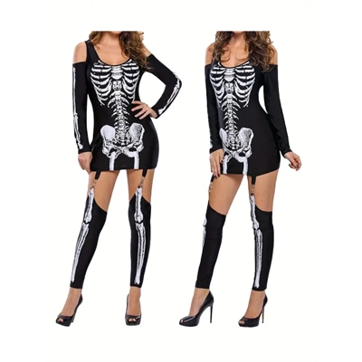 Spooky Skeleton Printed Long Sleeve Cold Shoulder Dress - Scoop Neck, Stockings Included, Com