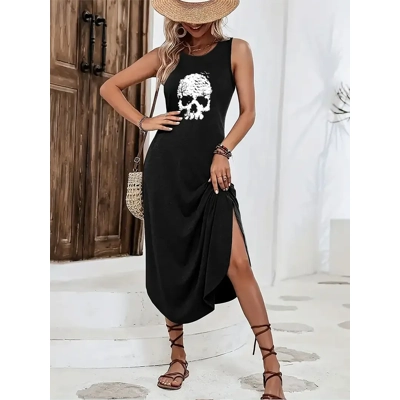 Vintage-Inspired Sleeveless Dress with Halloween Skull Print - Adult Size, Knit Fabric, Polyester Bl