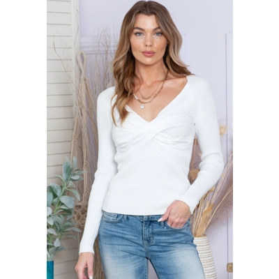 White Basic Cable Crossed V Neck Sweater