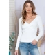 White Basic Cable Crossed V Neck Sweater