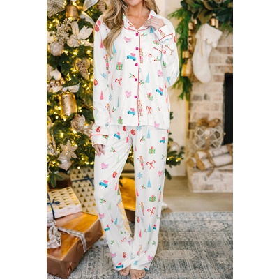 White Christmas Print Lapel Shirt and Pants Sleepwear