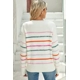White Colorful Striped Ribbed Trim Round Neck Sw..