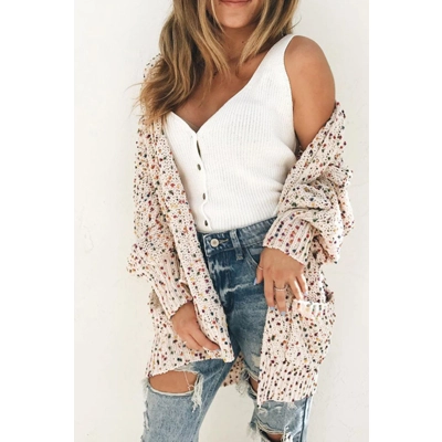 White Confetti Rib Knit Long Sleeve Cardigan