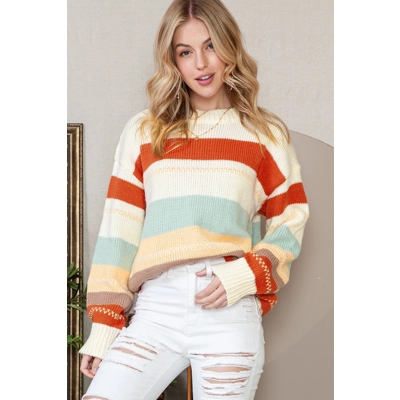 White Striped Color Block Drop Shoulder Knit Sweater
