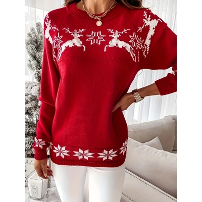 Women's Christmas Crew Neck Pullover Sweater - Cozy Long Sleeve Raglan Shoulder Sweater for Casual W