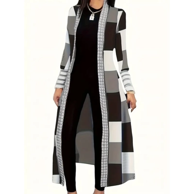 Women's Colorblock Geometric Print Long Cardigan - Casual Open Front with Long Sleeves