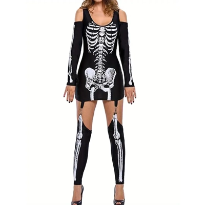 Women's Halloween Costume, Cold Shoulder Long Sleeve Scoop Neck Skeleton Printed Dress with Stocking