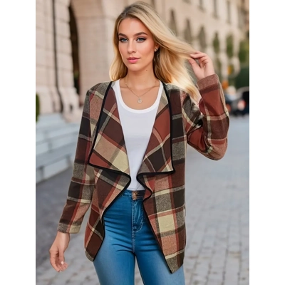 Women's Plaid Jacket - Stylish Open Front Outwear with Long Sleeves