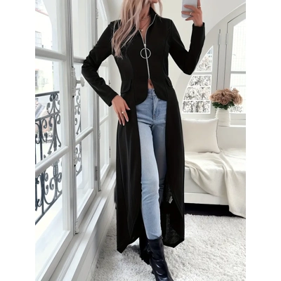 Zipper Front Low High Hem Trench Coat, Elegant Long Sleeve Coat, Women's Clothing